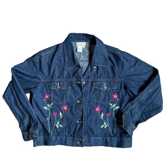 2/$18 SALE! Coldwater Creek Jean Jacket Womens PL Embroidered Denim Cottagecore - Picture 1 of 10